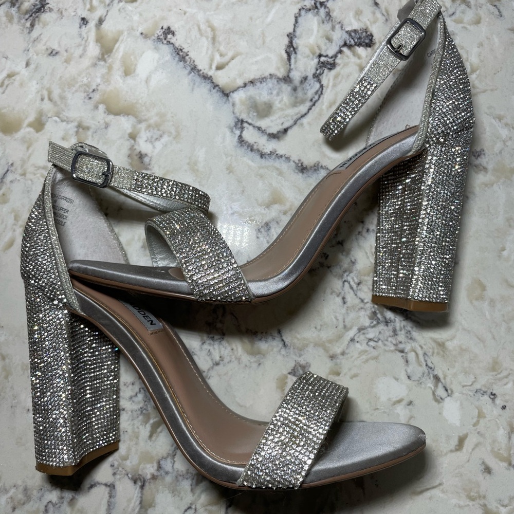 Steve Madden Carrson Rhinestone Glittering Silver Block Heels 8